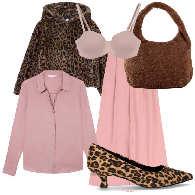 Outfit donna - Animalier romantico. Stile Glamour per Ufficio. Abbinamento con shopping bag, ecopellicce, reggiseni, camicie, pantaloni a palazzo, décolleté.