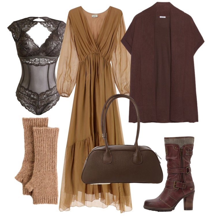 Outfit donna - Romantica in marrone. Stile Boho per Tutti i giorni. Abbinamento con guanti, stivali, body, vestiti lunghi, borse a mano, cardigans.