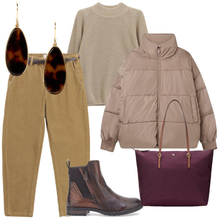 Outfit donna - Affrontiamo il freddo. per Tutti i giorni. Abbinamento con pantaloni chino, maglieria, bomber, borse tote, orecchini, stivaletti chelsea.