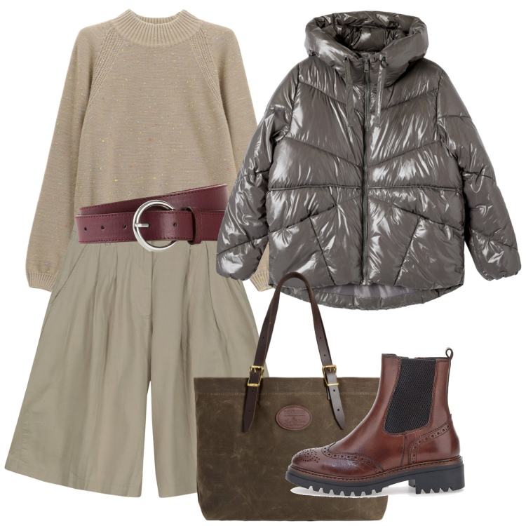 Outfit donna - Ton sur ton di novembre. Stile Bon Ton per Tutti i giorni. Abbinamento con cinture, maglieria, bomber, borse tote, stivaletti chelsea, bermuda.