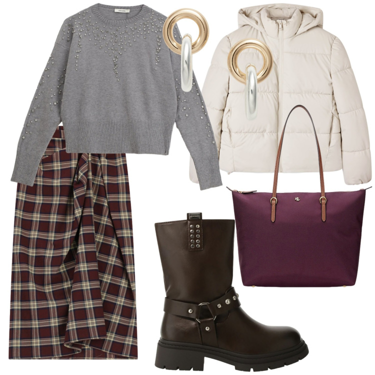 Outfit donna - I quadri. per Scuola/Università. Abbinamento con bomber, gonne longuette, stivali, maglieria, borse tote, orecchini.