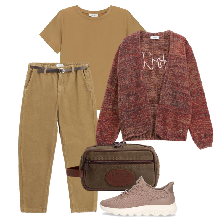 Outfit donna - Al pub con le amiche. Stile Basic per Tutti i giorni. Abbinamento con pantaloni chino, cardigans, t-shirt, valigie, sneakers.