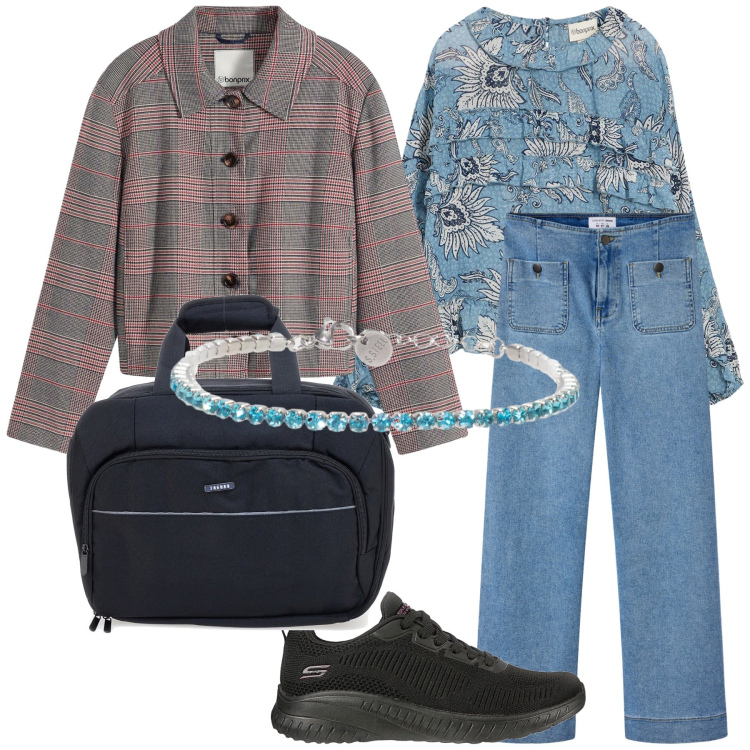 Outfit donna - Sportiva con braccialetto. Stile Sporty chic per Tutti i giorni. Abbinamento con cappotti, bluse, jeans, braccialetti, sneakers, borse a tracolla.