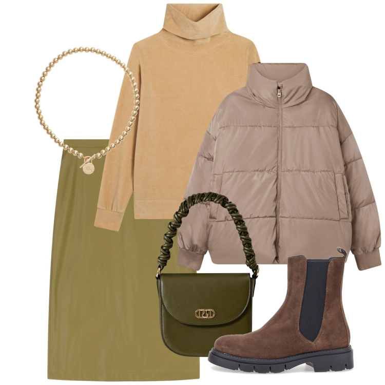 Outfit donna - Minimal bosco. Stile Minimal per Tutti i giorni. Abbinamento con borse a mano, bomber, felpe, gonne longuette, collane, stivaletti chelsea.