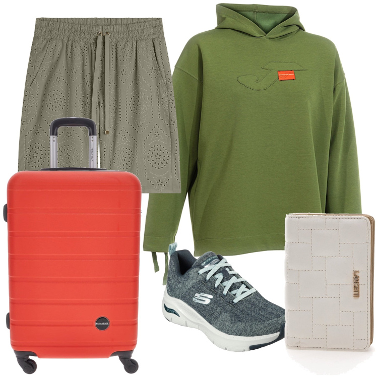 Outfit donna - Sportivamente si parte. Stile Casual per Tutti i giorni. Abbinamento con bermuda, sneakers, valigie, felpe con cappuccio, portafogli.