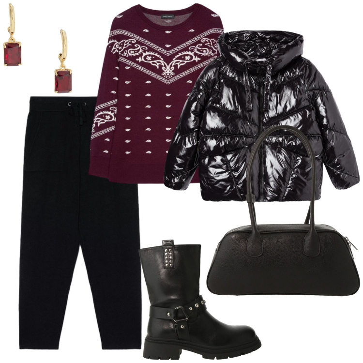 Outfit donna - Inverno. per Tutti i giorni. Abbinamento con bomber, stivali, borse a mano, orecchini, maglieria, pantaloni.