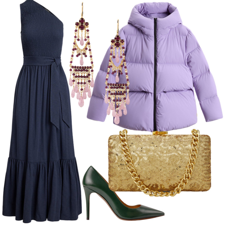 Outfit donna - Un piumino lilla accende la festa. Stile Glamour per Serata fuori. Abbinamento con vestiti asimmetrici, décolleté, clutch, orecchini, piumini.