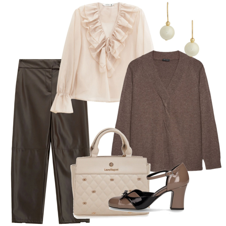 Outfit donna - La rouche che fa chic. Stile Chic per Serata fuori. Abbinamento con camicie, pantaloni, orecchini, décolleté, maglieria, borse a mano.