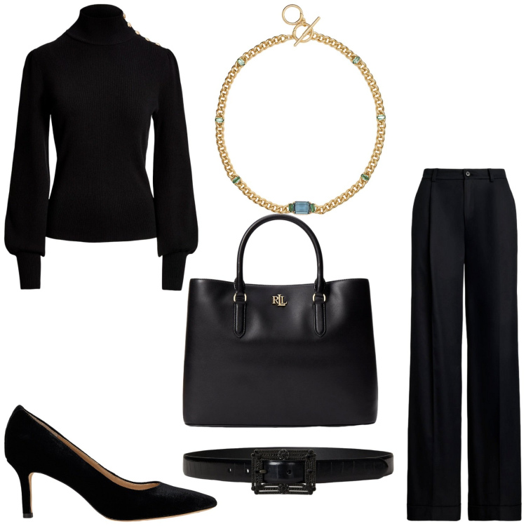 Outfit donna - Una domenica elegante. Stile Chic per Serata fuori. Abbinamento con maglieria, borse a mano, pantaloni, décolleté, collane, cinture.