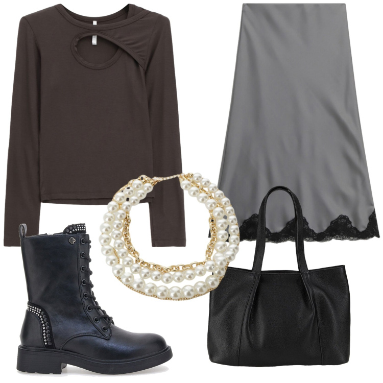 Outfit donna - Semplice e femminile. Stile Chic per Serata fuori. Abbinamento con shopping bag, maglieria, collane, gonne lunghe, anfibi.