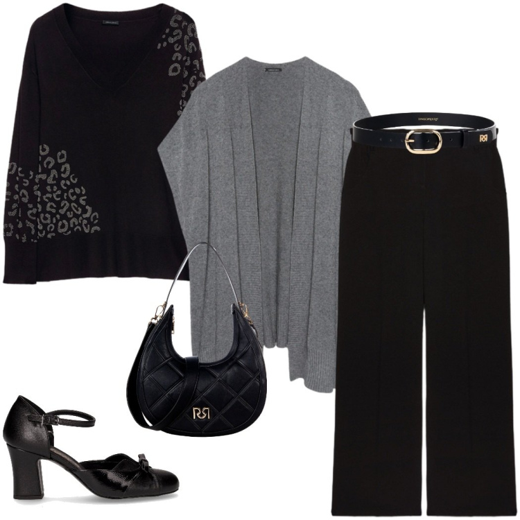 Outfit donna - Black Friday chic. Stile Casual chic per Serata fuori. Abbinamento con borse a tracolla, cinture, maglieria, gilet, pantaloni a palazzo, décolleté.