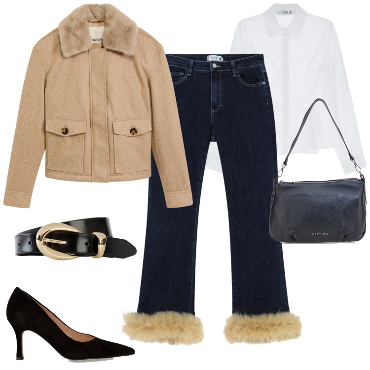 Outfit donna - I jeans bordati in pelliccia. Stile Casual chic per Tutti i giorni. Abbinamento con piumini, cinture, camicie, pantaloni, borse a spalla, décolleté.