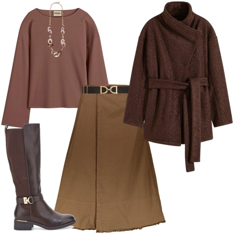 Outfit donna - Black Friday chic. Stile Casual chic per Serata fuori. Abbinamento con blazer, maglieria, cinture, gonne lunghe, stivali, collane.