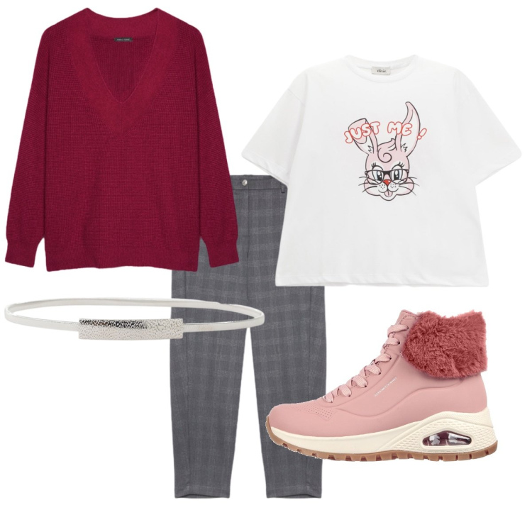 Outfit donna - I pantaloni scozzesi. Stile Casual chic per Ufficio. Abbinamento con cinture, t-shirt, pantaloni, stivaletti, maglieria.