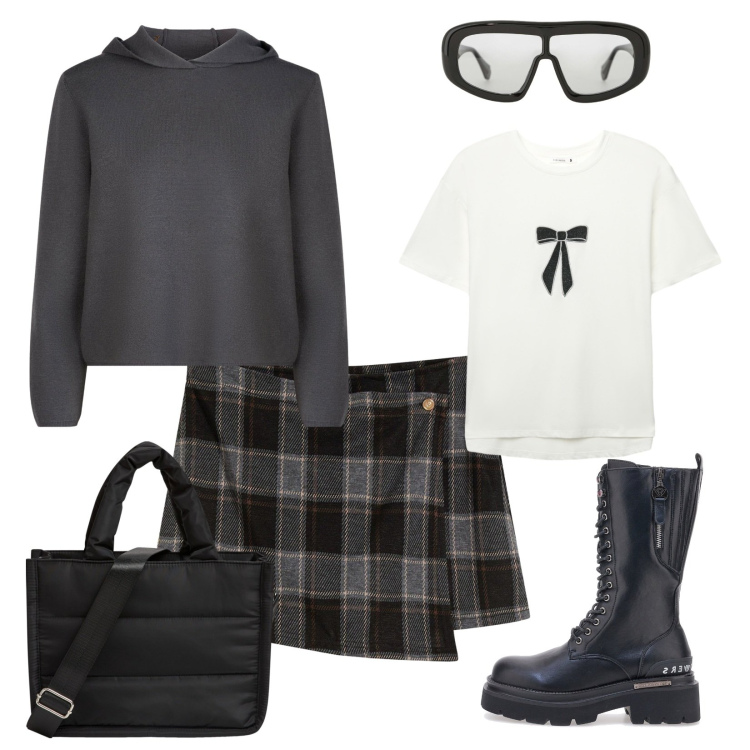 Outfit donna - Preppy Black Friday!. Stile Preppy per Serata fuori. Abbinamento con gonne, t-shirt, shopping bag, occhiali da sole, anfibi, maglieria.