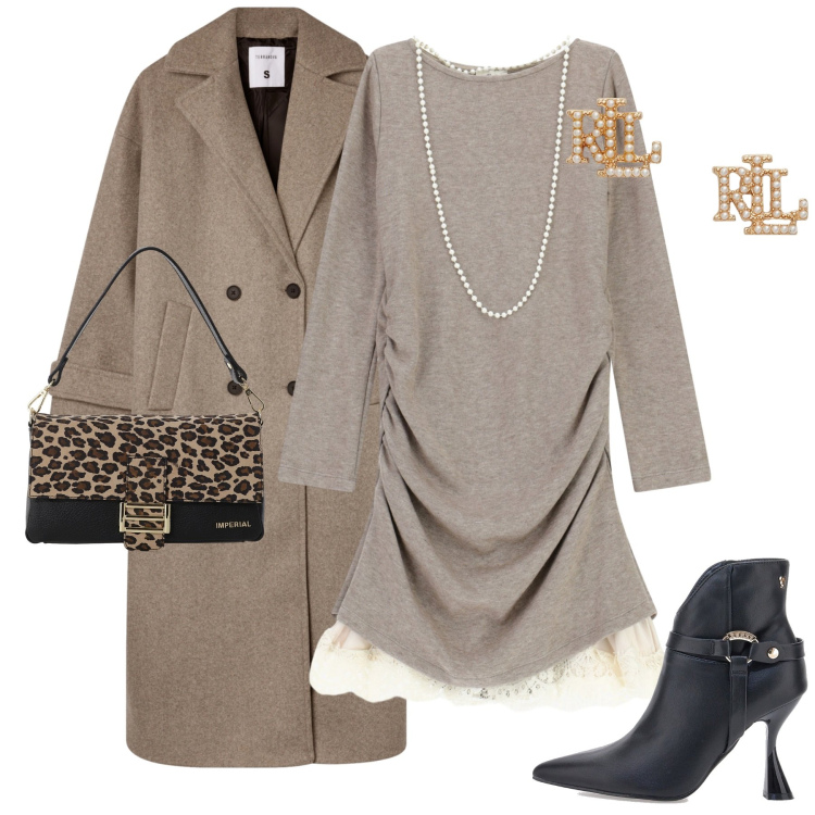 Outfit donna - Novembre. Stile Casual chic per Tutti i giorni. Abbinamento con cappotti, borse a spalla, vestiti lunghi, orecchini, stivaletti.
