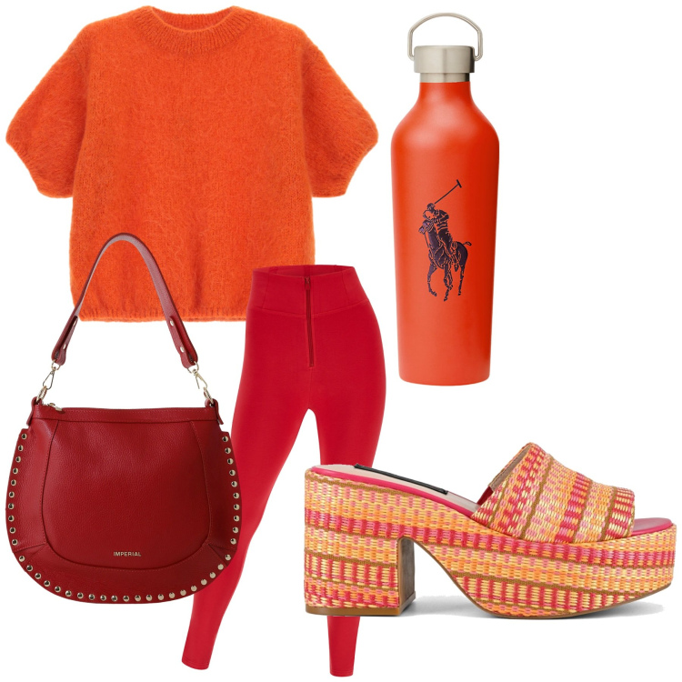 Outfit donna - panda rosso. Stile Vintage retrò Abbinamento con maglieria, borse a spalla, pantaloni skinny, bluse, zeppe.