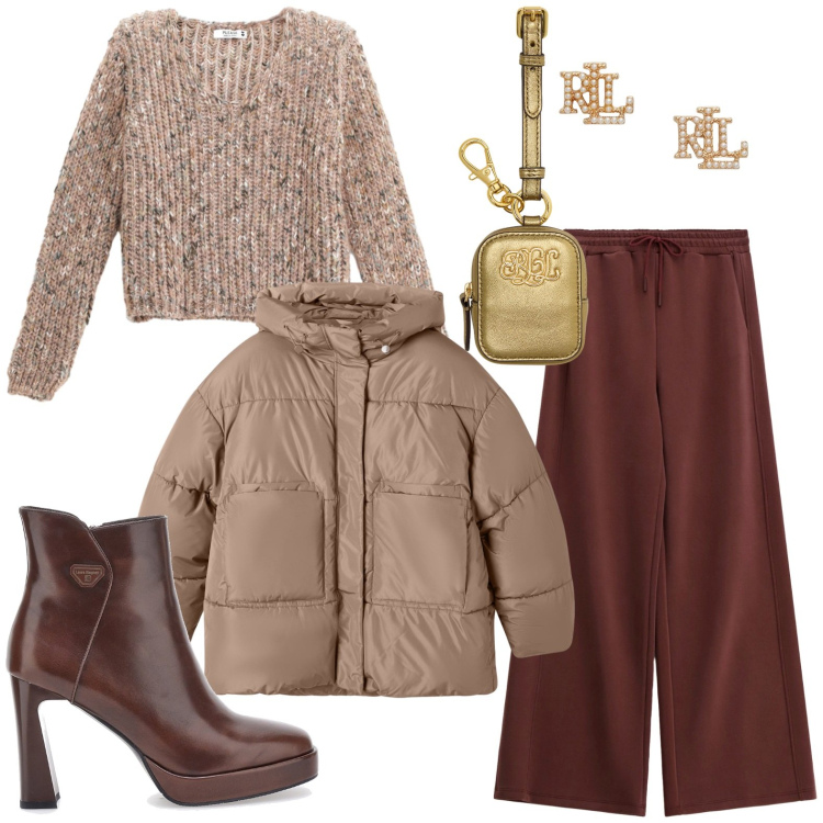 Outfit donna - A novembre con gli stivaletti. Stile Glamour per Serata fuori. Abbinamento con maglieria, bomber, pantaloni a palazzo, orecchini, pochette, stivaletti.