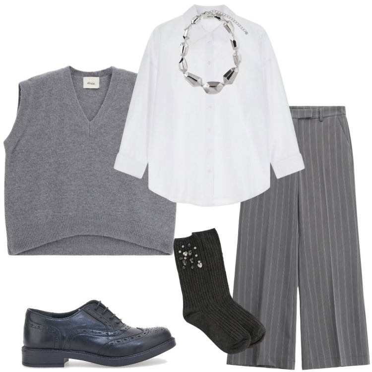 Outfit donna - Lines of style. Stile Preppy per Serata fuori. Abbinamento con pantaloni a palazzo, maglieria, camicie, calzini, ciondoli, scarpe stringate.