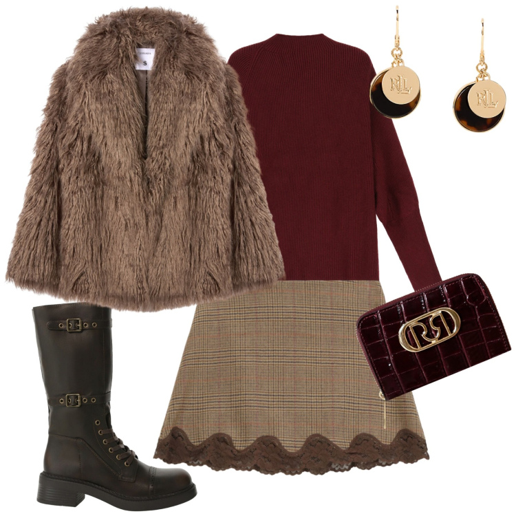 Outfit donna - City. Stile Casual chic per Tutti i giorni. Abbinamento con portafogli, ecopellicce, stivali, minigonne, maglieria, orecchini.