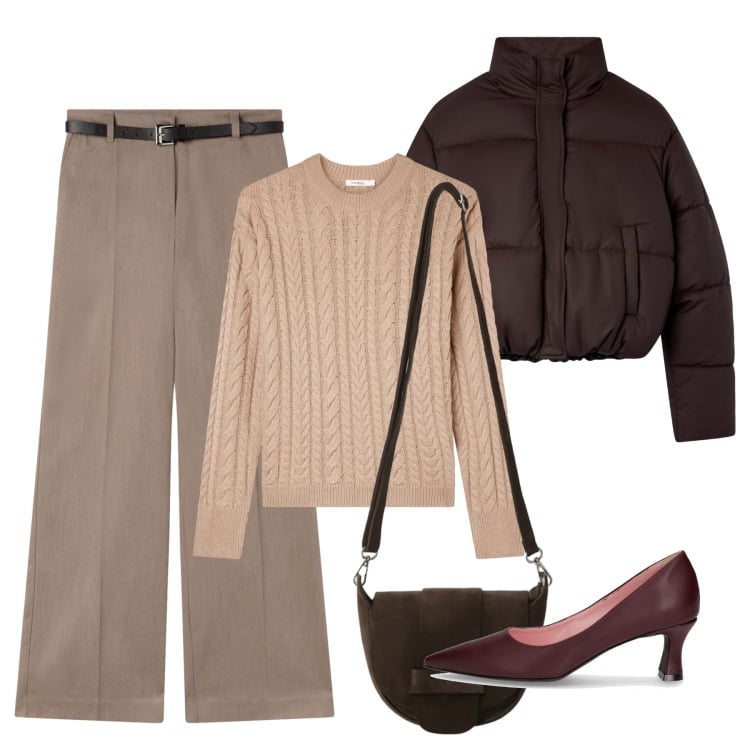 Outfit donna - Castano. Stile Bon Ton per Ufficio. Abbinamento con pantaloni, maglieria, bomber, borse a tracolla, décolleté.