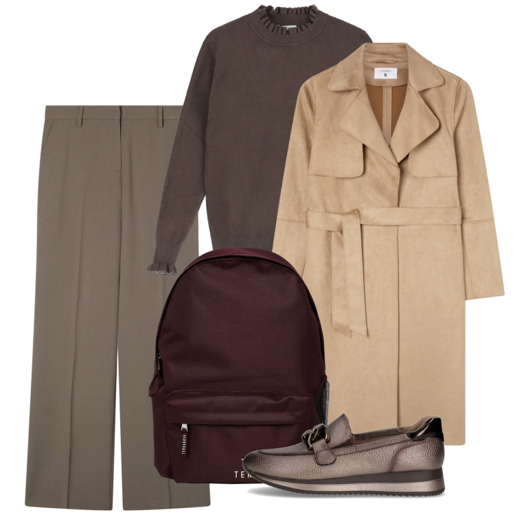 Outfit donna - Giornata piena. Stile Bon Ton per Tutti i giorni. Abbinamento con trench, pantaloni a palazzo, zaini, maglieria, mocassini.