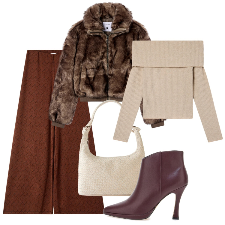 Outfit donna - Spillo bordeaux. Stile Chic per Tutti i giorni. Abbinamento con shopping bag, maglieria, pantaloni, ecopellicce, stivaletti.