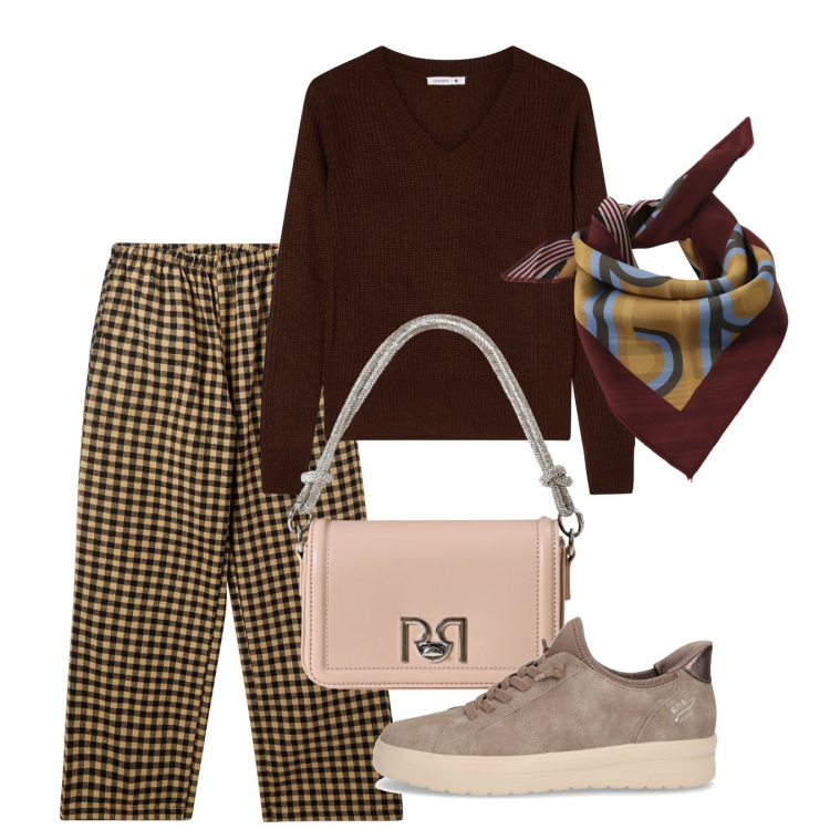 Outfit donna - Vichy. Stile Bon Ton per Tutti i giorni. Abbinamento con borse a mano, pantaloni, maglieria, foulard, sneakers.