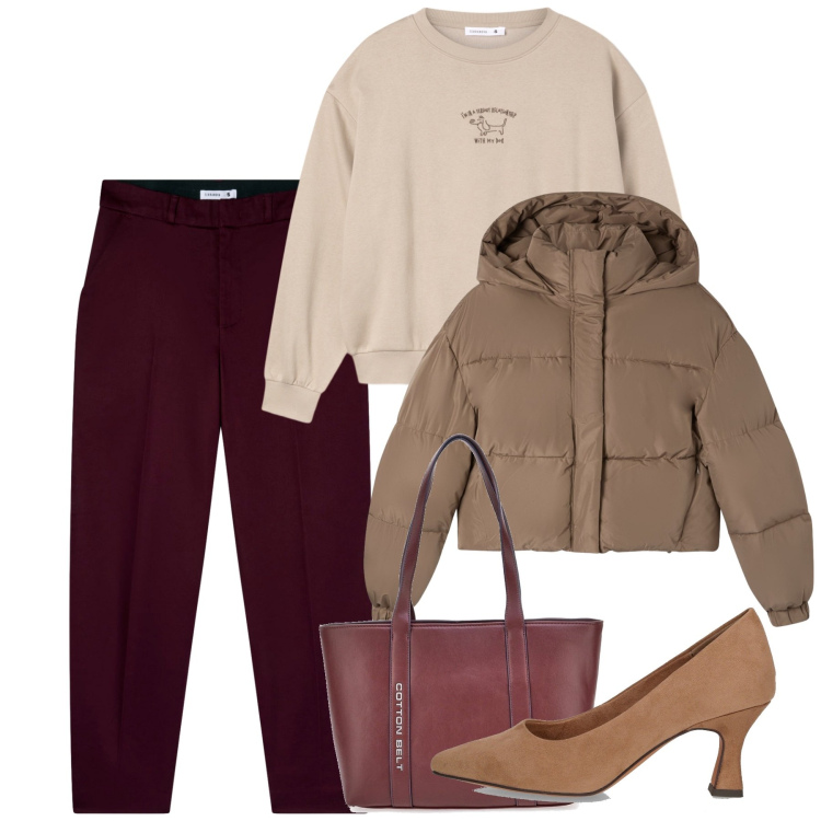 Outfit donna - Novembre. Stile Bon Ton per Ufficio. Abbinamento con pantaloni chino, felpe, bomber, shopping bag, décolleté.
