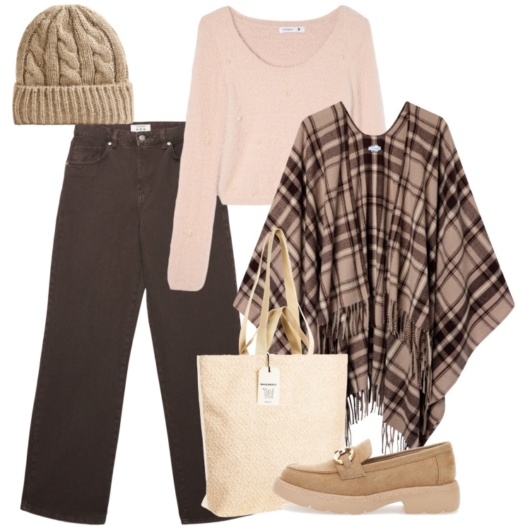 Outfit donna - Il poncho tartan. Stile Bon Ton per Tutti i giorni. Abbinamento con borse tote, jeans, berretti, cappotti, maglieria, mocassini.