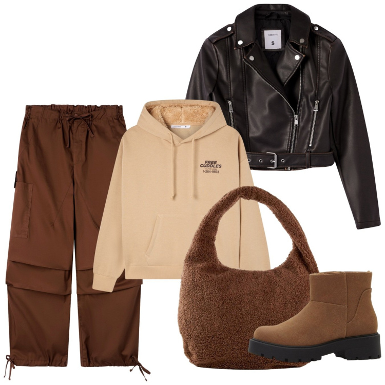 Outfit donna - Fall. Stile Basic per Tutti i giorni. Abbinamento con shopping bag, stivaletti, giacche, felpe con cappuccio, pantaloni cargo.