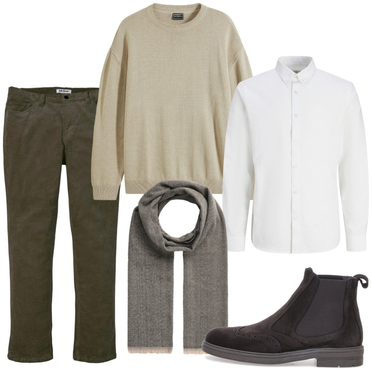 Outfit uomo - Total look #2283388. Stile Casual per Tutti i giorni. Abbinamento con pantaloni, camicie, maglieria, sciarpe, stivali e stivaletti.