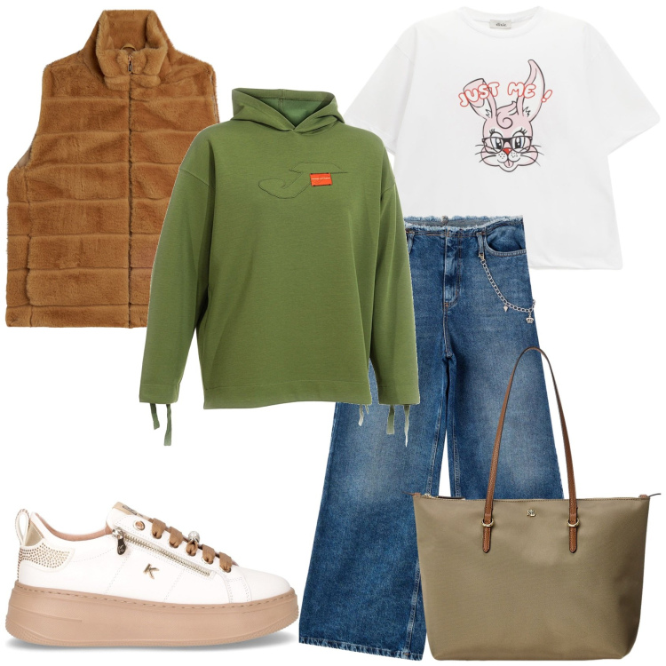 Outfit donna - In giro per compere. Stile Casual chic per Tutti i giorni. Abbinamento con jeans dritti, gilet, t-shirt, borse tote, felpe con cappuccio, sneakers.