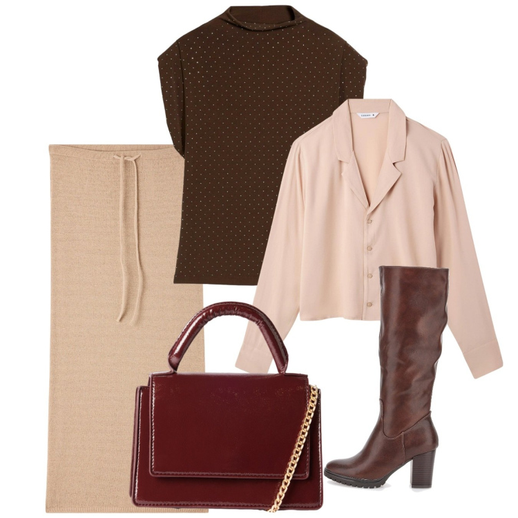 Outfit donna - Cacao. Stile Chic per Tutti i giorni. Abbinamento con top, gonne lunghe, camicie, borse a tracolla, stivali.