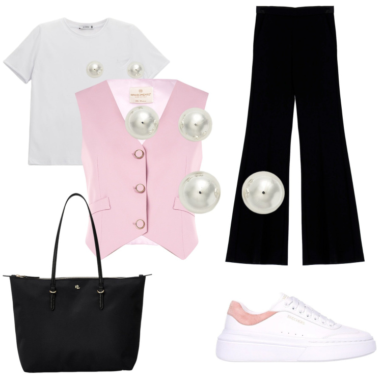 Outfit donna - Giornata a Milano. Stile Casual chic per Tutti i giorni. Abbinamento con t-shirt, gilet, pantaloni, orecchini, borse tote, sneakers.