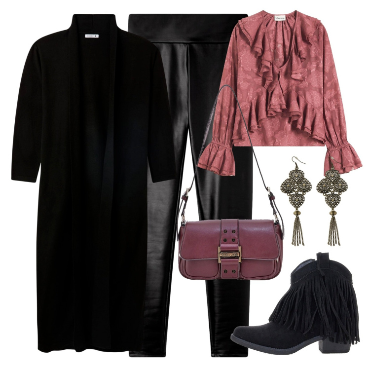 Outfit donna - 70s 80s style\'s black friday!. Stile Boho per Serata fuori. Abbinamento con bluse, cardigans, leggings, orecchini, borse a tracolla, stivaletti texani.