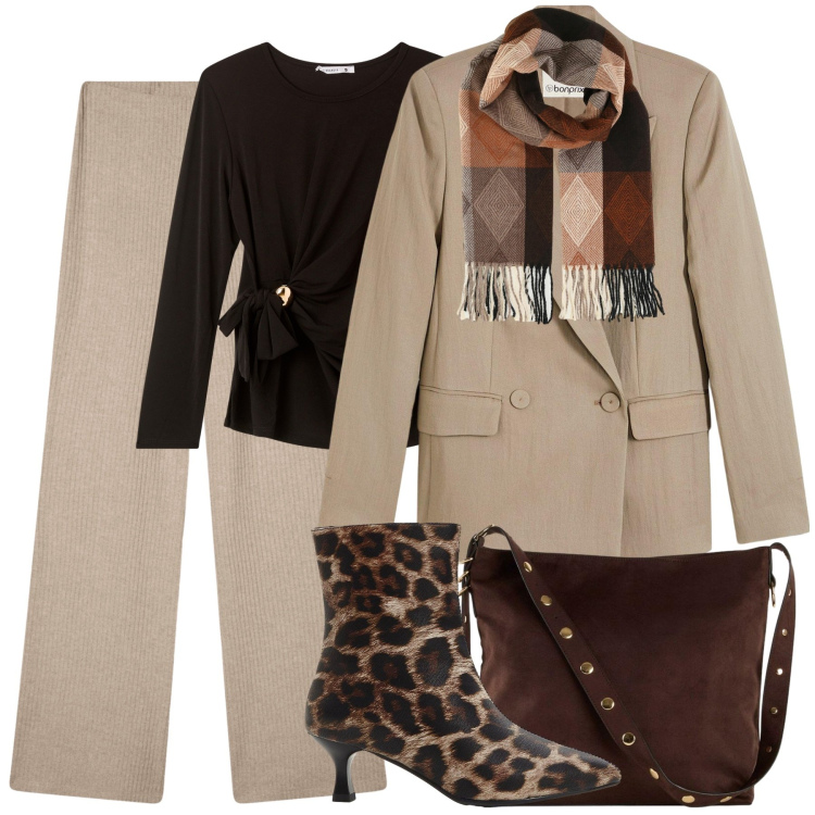 Outfit donna - City. Stile Urban per Tutti i giorni. Abbinamento con blazer, shopping bag, stivaletti, sciarpe, bluse, pantaloni.