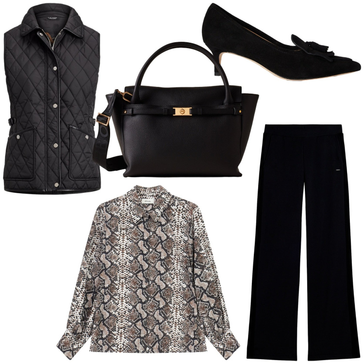 Outfit donna - La camicia animalier protagonista. Stile Glamour per Tutti i giorni. Abbinamento con borse a mano, pantaloni, camicie, décolleté, piumini.