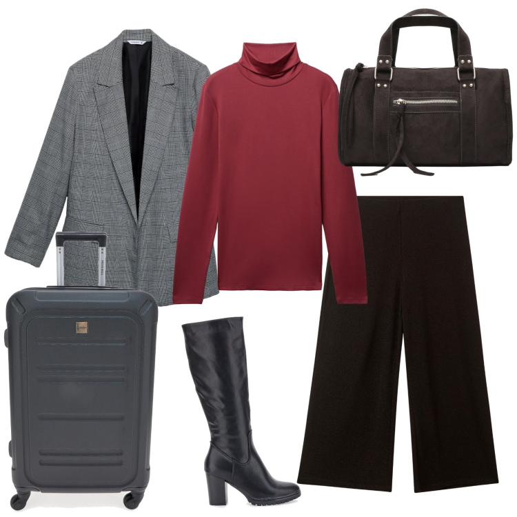 Outfit donna - Viaggio di lavoro. Stile Chic per Ufficio. Abbinamento con borse a mano, blazer, pantaloni, t-shirt, valigie, stivali sopra il ginocchio.
