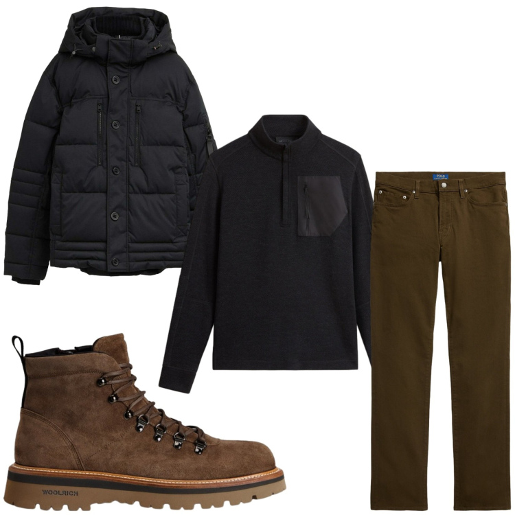 Outfit uomo - Total look #2283413. Stile Casual per Tutti i giorni. Abbinamento con piumini, pantaloni, stivali e stivaletti, felpe.