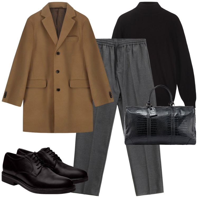 Outfit uomo - In ufficio. Stile Business/Elegante per Ufficio. Abbinamento con pantaloni, borse sportive, scarpe stringate, cappotti, maglieria.