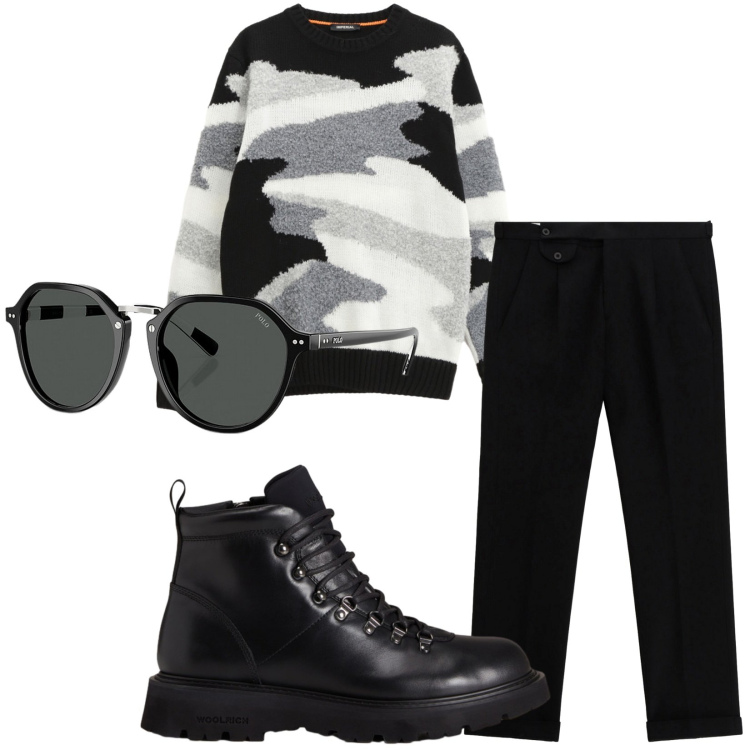 Outfit uomo - Total look #2283415. Stile Urban per Tutti i giorni. Abbinamento con pantaloni, maglieria, occhiali da sole, stivali e stivaletti.