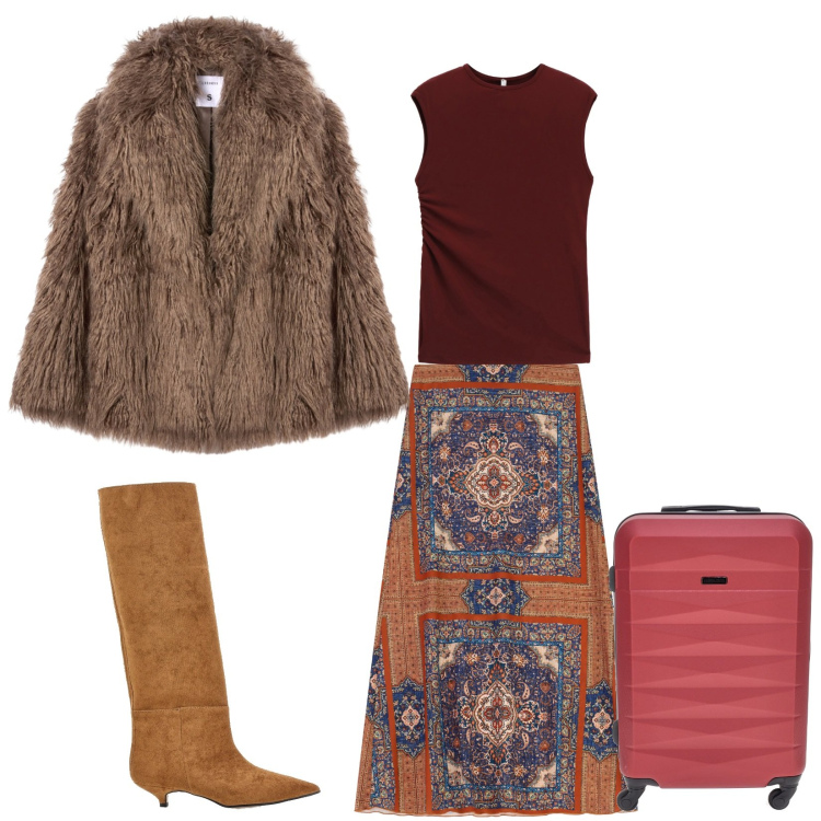 Outfit donna - Total look #2283419. Stile 70s per Tutti i giorni. Abbinamento con ecopellicce, top, gonne lunghe, stivali, valigie.