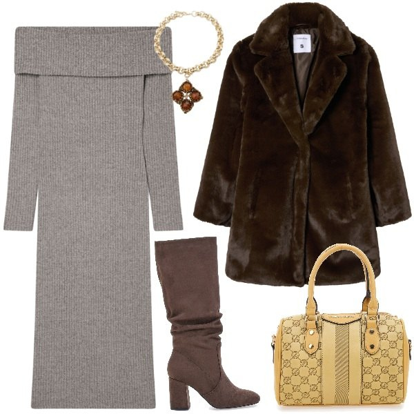 Outfit donna - chic & chip. Stile Casual chic per Tutti i giorni. Abbinamento con vestiti lunghi, cappotti, collane, stivali sopra il ginocchio, borse a spalla.