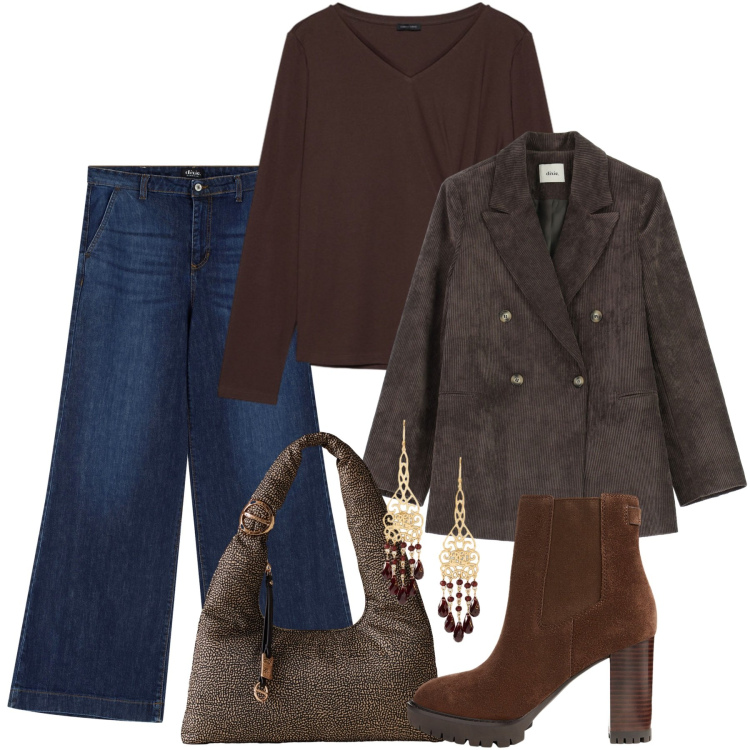 Outfit donna - Chocolat. Stile Chic per Tutti i giorni. Abbinamento con blazer, jeans, borse a spalla, orecchini, stivaletti chelsea, t-shirt.