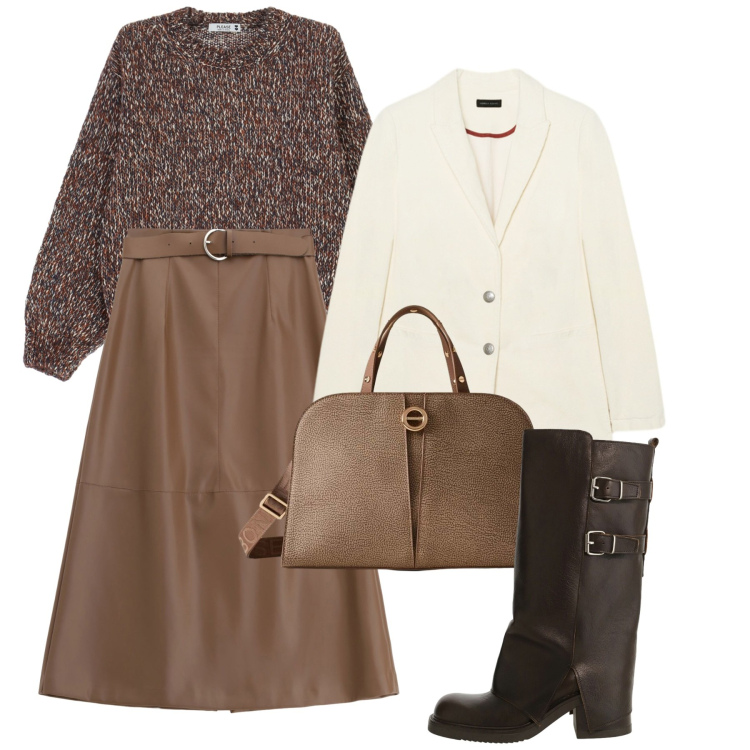 Outfit donna - Marrone in mille sfumature. Stile Bon Ton per Tutti i giorni. Abbinamento con maglieria, gonne lunghe, borse a mano, stivali, blazer.