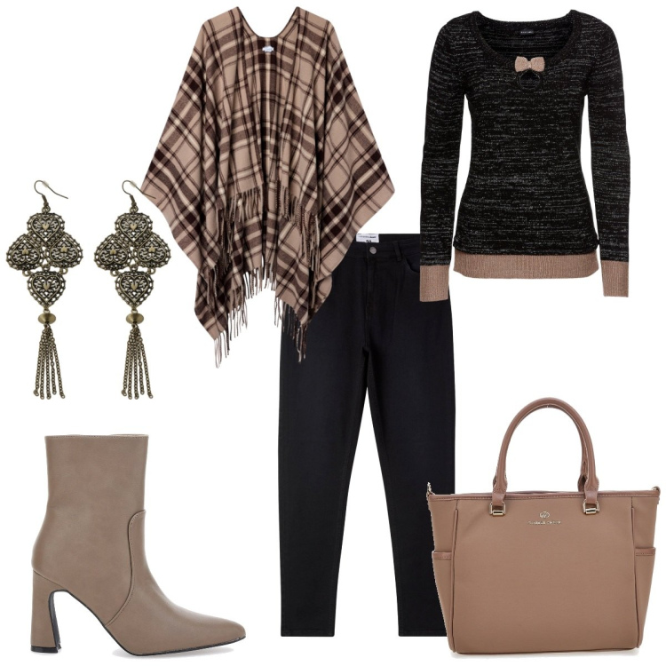 Outfit donna - Una serata di solo donne. Stile Glamour per Serata fuori. Abbinamento con maglieria, cappotti, jeans skinny, orecchini, stivaletti, borse a tracolla.