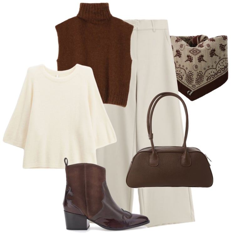 Outfit donna - Crema caffè in ufficio. Stile Casual chic per Ufficio. Abbinamento con pantaloni a palazzo, maglieria, borse a mano, maglieria, foulard, stivaletti texani.