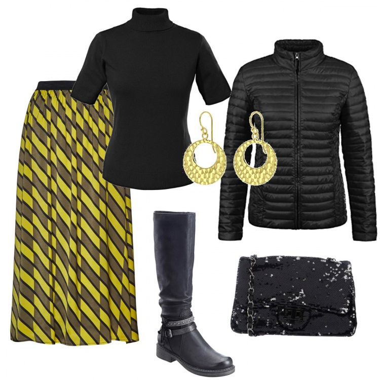 Outfit donna - La tracolla di paillettes. Stile Trendy per Tutti i giorni. Abbinamento con borsa a tracolla mini con paillettes a scatto tinta unita, maglieria, gonna fantasia verde, stivali, giacca sport con stampa scollatura con zip nero, orecchini pendenti in sterling 925 ipoallergenico argento e bianco.