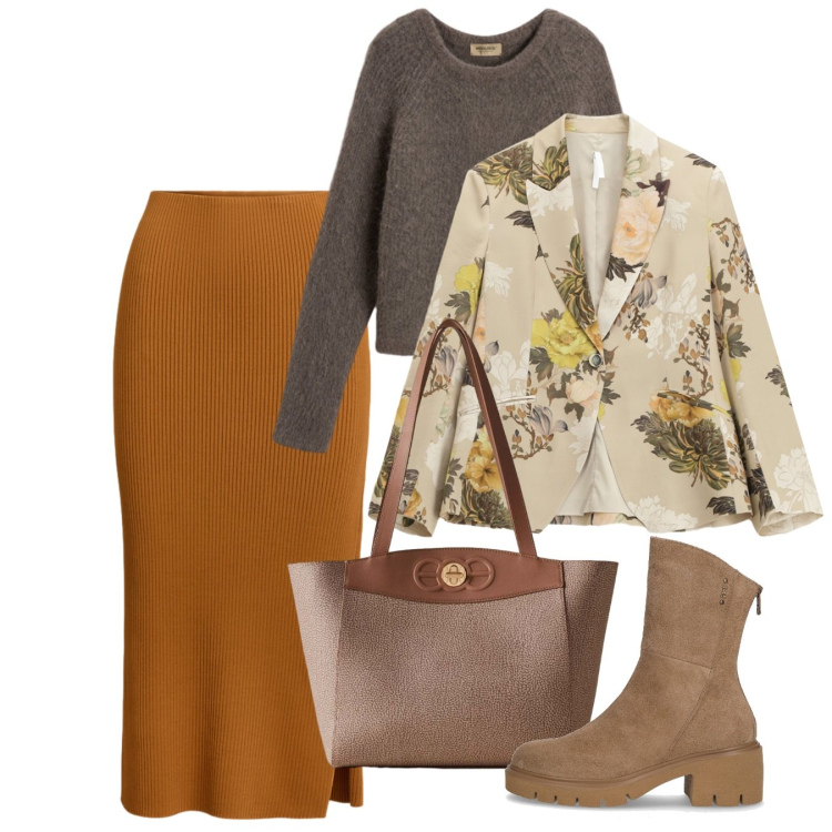 Outfit donna - Novembre a fiori. Stile Chic per Tutti i giorni. Abbinamento con blazer, shopping bag, gonne, maglieria, stivaletti.